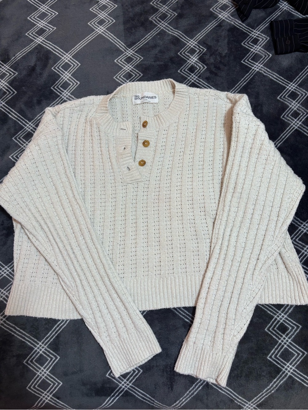 No Boundaries Off-White Ribbed Henley Sweater with Buttons